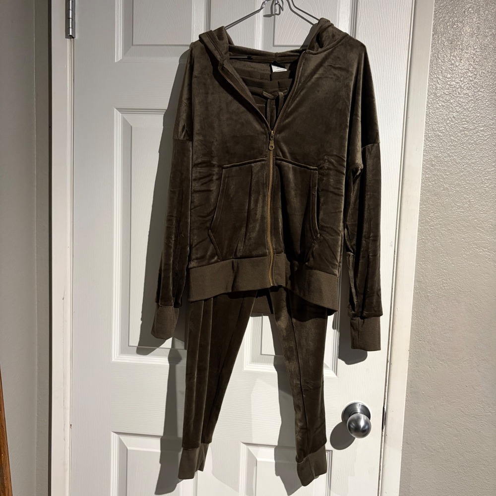 Felina Women Olive Green Velour Tracksuit Set Zip Hoodie & Joggers Size Small